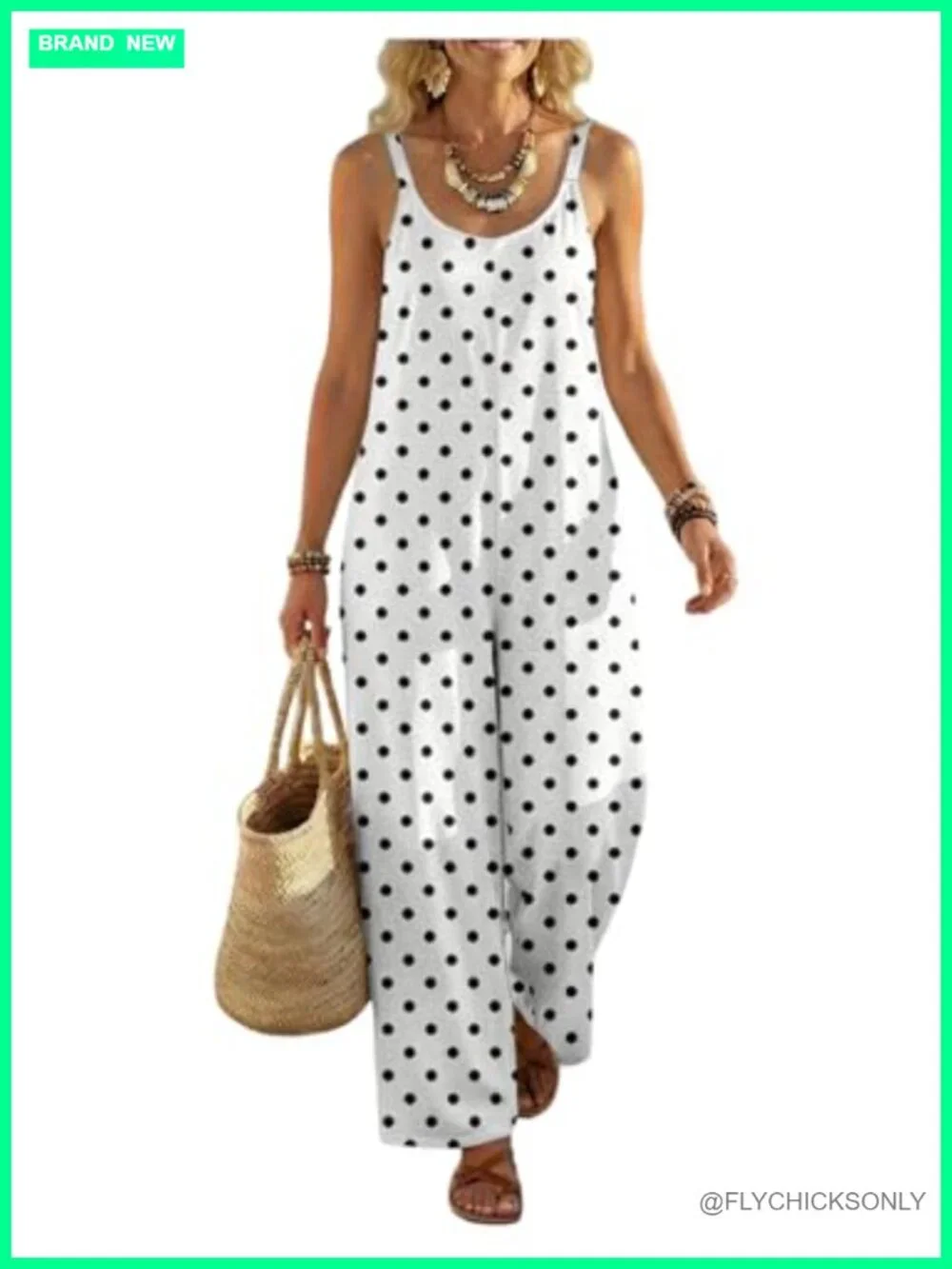 Polka Dot Sleeveless Wide Leg Jumpsuit with Pockets